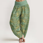 Buddha Stones Cotton Crane Auspicious Cloud Floral Pattern Women's Elastic Waist Harem Pants