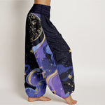 Buddha Stones Cotton Celestial Sun Moon & Star Wave Pattern Women's Elastic Waist Harem Pants