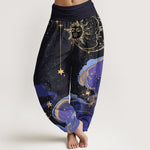 Buddha Stones Cotton Celestial Sun Moon & Star Wave Pattern Women's Elastic Waist Harem Pants