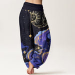 Buddha Stones Cotton Celestial Sun Moon & Star Wave Pattern Women's Elastic Waist Harem Pants
