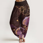 Buddha Stones Cotton Celestial Sun Moon & Star Wave Pattern Women's Elastic Waist Harem Pants