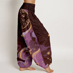 Buddha Stones Cotton Celestial Sun Moon & Star Wave Pattern Women's Elastic Waist Harem Pants