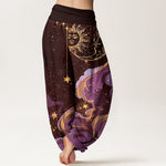 Buddha Stones Cotton Celestial Sun Moon & Star Wave Pattern Women's Elastic Waist Harem Pants