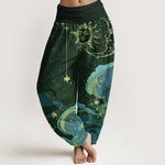 Buddha Stones Cotton Celestial Sun Moon & Star Wave Pattern Women's Elastic Waist Harem Pants