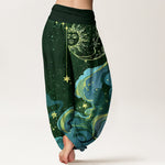 Buddha Stones Cotton Celestial Sun Moon & Star Wave Pattern Women's Elastic Waist Harem Pants