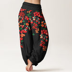 Buddha Stones Cotton Bohemian Red Floral Pattern Women's Elastic Waist Harem Pants