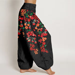 Buddha Stones Cotton Bohemian Red Floral Pattern Women's Elastic Waist Harem Pants