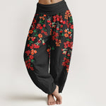 Buddha Stones Cotton Bohemian Red Floral Pattern Women's Elastic Waist Harem Pants