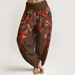Buddha Stones Cotton Bohemian Red Floral Pattern Women's Elastic Waist Harem Pants