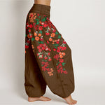 Buddha Stones Cotton Bohemian Red Floral Pattern Women's Elastic Waist Harem Pants