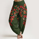 Buddha Stones Cotton Bohemian Red Floral Pattern Women's Elastic Waist Harem Pants