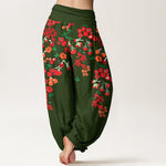 Buddha Stones Cotton Bohemian Red Floral Pattern Women's Elastic Waist Harem Pants