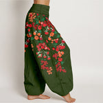 Buddha Stones Cotton Bohemian Red Floral Pattern Women's Elastic Waist Harem Pants