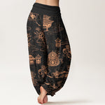 Buddha Stones Cotton Lotus Pavilion Gourd Pattern Women's Elastic Waist Harem Pants