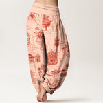 Buddha Stones Cotton Lotus Pavilion Gourd Pattern Women's Elastic Waist Harem Pants