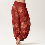 Buddha Stones Cotton Lotus Pavilion Gourd Pattern Women's Elastic Waist Harem Pants
