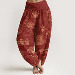 Buddha Stones Cotton Lotus Pavilion Gourd Pattern Women's Elastic Waist Harem Pants