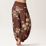 Buddha Stones Pure Cotton Vintage Floral Leaf Pattern Women's Elastic Waist Harem Pants