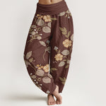 Buddha Stones Pure Cotton Vintage Floral Leaf Pattern Women's Elastic Waist Harem Pants