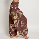 Buddha Stones Pure Cotton Vintage Floral Leaf Pattern Women's Elastic Waist Harem Pants
