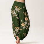 Buddha Stones Pure Cotton Vintage Floral Leaf Pattern Women's Elastic Waist Harem Pants