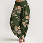Buddha Stones Pure Cotton Vintage Floral Leaf Pattern Women's Elastic Waist Harem Pants