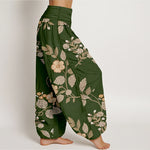 Buddha Stones Pure Cotton Vintage Floral Leaf Pattern Women's Elastic Waist Harem Pants