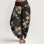 Buddha Stones Pure Cotton Vintage Floral Leaf Pattern Women's Elastic Waist Harem Pants
