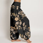 Buddha Stones Pure Cotton Vintage Floral Leaf Pattern Women's Elastic Waist Harem Pants