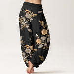Buddha Stones Pure Cotton Vintage Floral Leaf Pattern Women's Elastic Waist Harem Pants