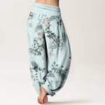 Buddha Stones Cotton Bamboo Blossom Fan Pattern Women's Elastic Waist Harem Pants