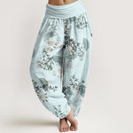 Buddha Stones Cotton Bamboo Blossom Fan Pattern Women's Elastic Waist Harem Pants
