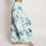Buddha Stones Cotton Bamboo Blossom Fan Pattern Women's Elastic Waist Harem Pants