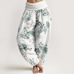 Buddha Stones Cotton Bamboo Blossom Fan Pattern Women's Elastic Waist Harem Pants