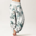 Buddha Stones Cotton Bamboo Blossom Fan Pattern Women's Elastic Waist Harem Pants
