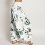 Buddha Stones Cotton Bamboo Blossom Fan Pattern Women's Elastic Waist Harem Pants