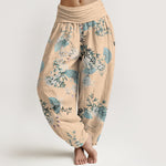 Buddha Stones Cotton Bamboo Blossom Fan Pattern Women's Elastic Waist Harem Pants