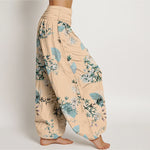 Buddha Stones Cotton Bamboo Blossom Fan Pattern Women's Elastic Waist Harem Pants