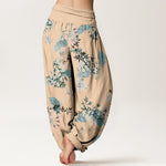 Buddha Stones Cotton Bamboo Blossom Fan Pattern Women's Elastic Waist Harem Pants