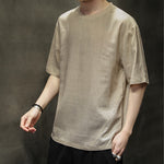 Buddha Stones Summer Casual Minimalist Solid Crew Neck Linen Men's Short Sleeve T-Shirts