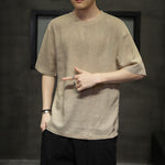 Buddha Stones Summer Casual Minimalist Solid Crew Neck Linen Men's Short Sleeve T-Shirts
