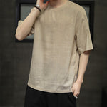 Buddha Stones Summer Casual Minimalist Solid Crew Neck Linen Men's Short Sleeve T-Shirts