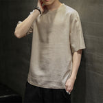 Buddha Stones Summer Casual Minimalist Solid Crew Neck Linen Men's Short Sleeve T-Shirts