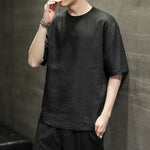 Buddha Stones Summer Casual Minimalist Solid Crew Neck Linen Men's Short Sleeve T-Shirts