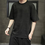 Buddha Stones Summer Casual Minimalist Solid Crew Neck Linen Men's Short Sleeve T-Shirts