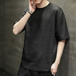 Buddha Stones Summer Casual Minimalist Solid Crew Neck Linen Men's Short Sleeve T-Shirts