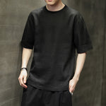 Buddha Stones Summer Casual Minimalist Solid Crew Neck Linen Men's Short Sleeve T-Shirts