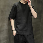Buddha Stones Summer Casual Minimalist Solid Crew Neck Linen Men's Short Sleeve T-Shirts