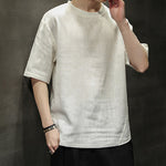 Buddha Stones Summer Casual Minimalist Solid Crew Neck Linen Men's Short Sleeve T-Shirts