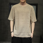 Buddha Stones Summer Casual Minimalist Solid Crew Neck Linen Men's Short Sleeve T-Shirts